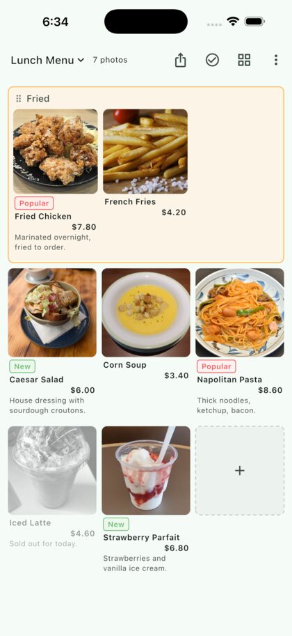A menu laid out in the grid