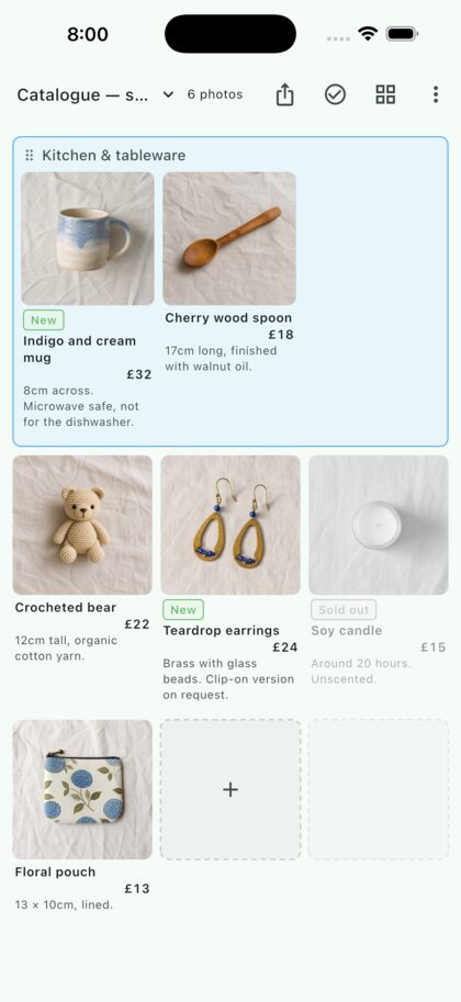 A catalogue of handmade pieces with names and prices