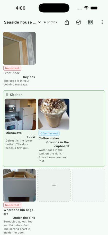 A guest guide showing the front door, the kitchen and where the bin bags are
