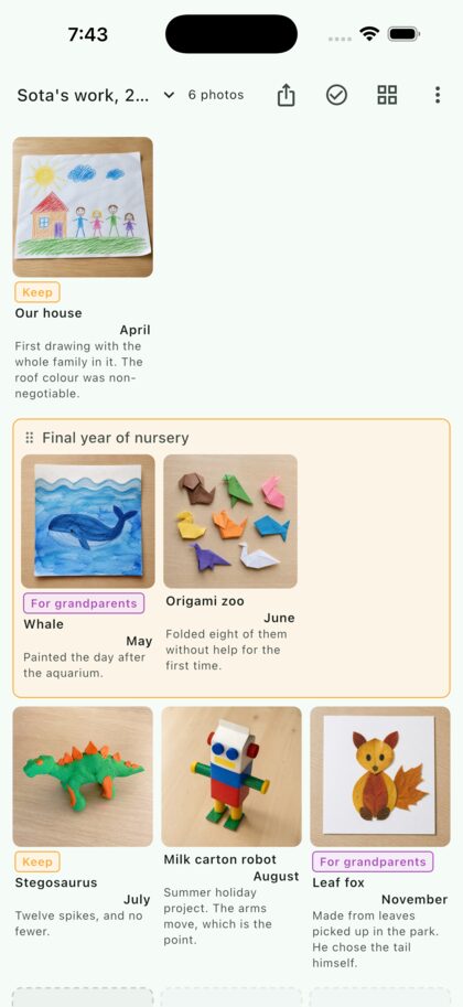 A child's drawings and models laid out month by month